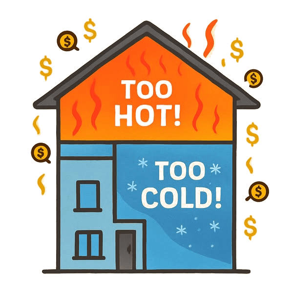 Illustration of a house split between a hot upper floor and a cold lower floor